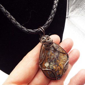 POLISHED BROWN GRANITE TEARDROP WIRED & BRAIDED LEATHER  NECKLACE 21